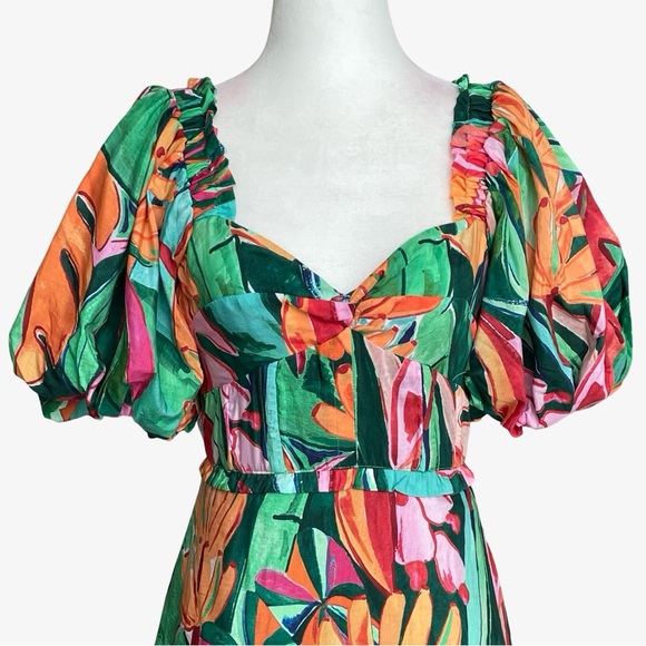 FARM Rio Banana Foliage Multicolor Puffed Sleeve Midi Dress XS NWT - Picture 5 of 16